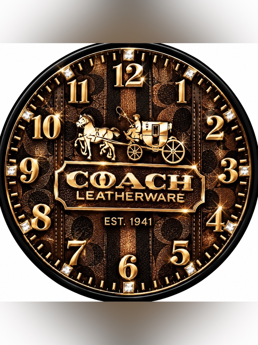 Coach Gold and Dark Brown Coach Leatherware 9”Wall Clock